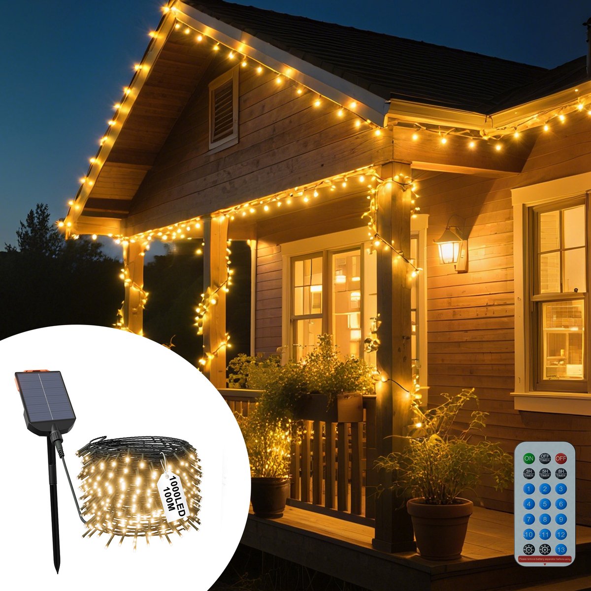 Solar LED Lichtenketting 100m 1000LED Warmwit Buiten Met Afstandsbediening, 13 Modi, Timer & Opslagfunctie, IP44 Waterdicht, Solar Kerstverlichting Voor Tuin, Huwelijk, Kerstmis
