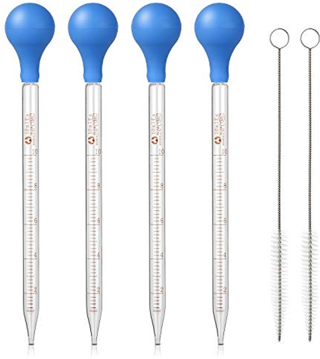 Image of 10 ml Glazen Pipet Druppelaar - 4 Stuks met Rubber Zuiglamp en Reinigingsborstels