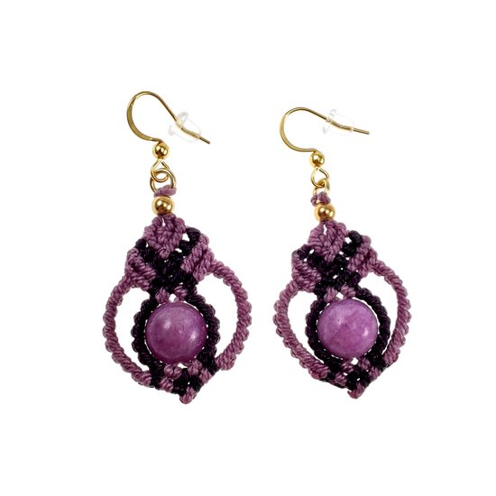 Boucles d'oreilles violettes en calcédoine et jade, ornées de Micro-macramé. Boucles d' Boucles d'oreilles à crochet, longues, en acier inoxydable plaqué or, Handgemaakt.