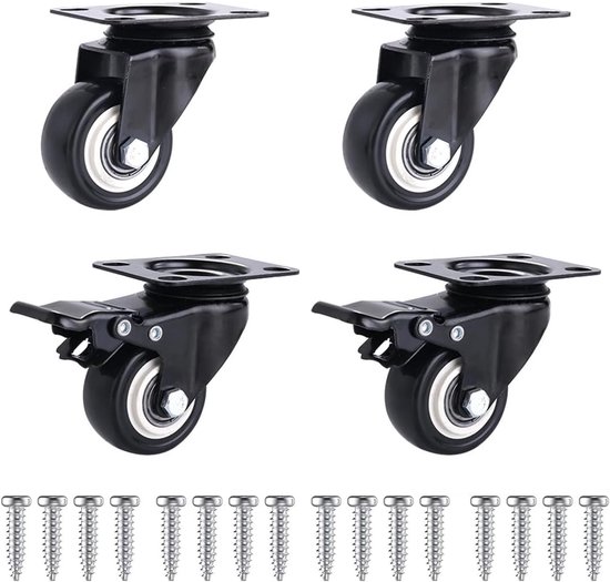Set van 4 Zware 40 mm Meubelwielen met Rem - Rubber Wielen voor Meubels