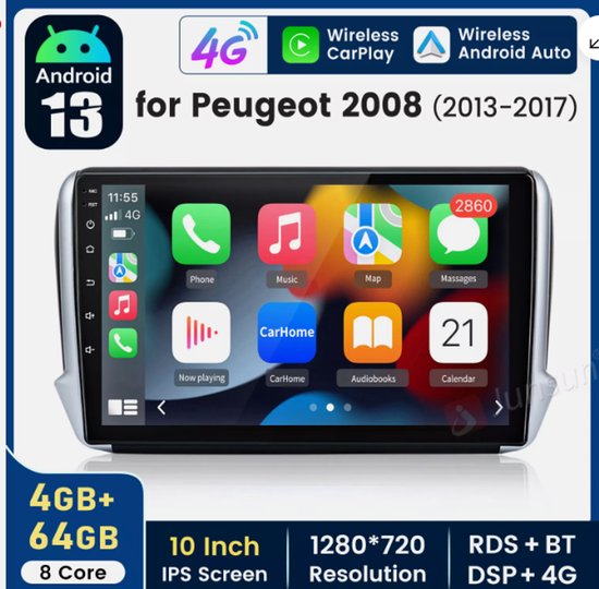 Autoradio-4+64G Android 15 inch autoradio voor Peugeot 208/2008 2012-2018. Ingebouwde draadloze CarPlay, Android Auto, GPS-navigatie, 10 inch autoradio met Bluetooth, wifi, FM/AM/RDS, SWC, Mirror Link + AHD, achteruitrijcamera met microfoon.