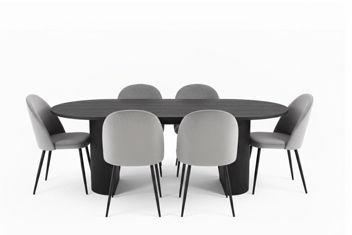 House Nordic Kyoto eethoek eettafel donkerbruin, 6 stoelen met grijze velours bekleding.