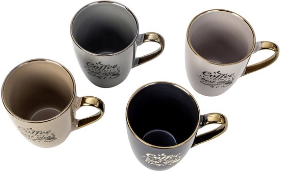Tasses à café design Bellatio - lot de 4 - Le Coffee est la meilleure idée - multicolore - 360 ml