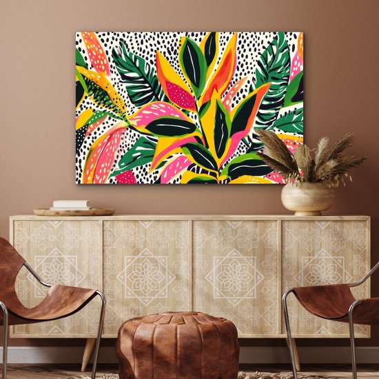 Aluminium schilderij 120x80 cm - Wanddecoratie metaal - Tropisch - Bladeren - Zwart - wit - Metalen muurdecoratie woonkamer - Decoratie industrieel - Foto op dibond - Industriële accessoires slaapkamer