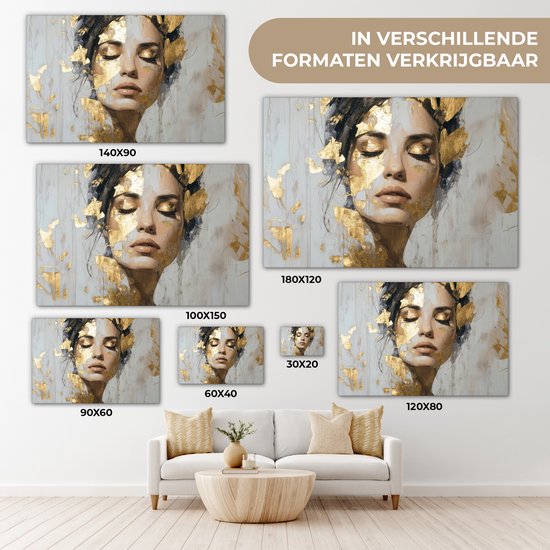 Peinture sur toile 120x80 cm - Décoration murale Gracieuse - Femme - Or - Yeux - Décoration murale salon - Décoration chambre - Accessoires chambre - Peintures sur toile