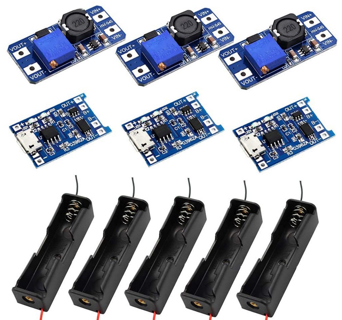 EXCITAT 3 in 1 Boost Board Kit - Boostmodule - Verstelbare Boost Converter - 2V-24V naar 5V-28V - TP4056 18650 Laadmodule - 18650 Batterijhouder - 11 stuks
