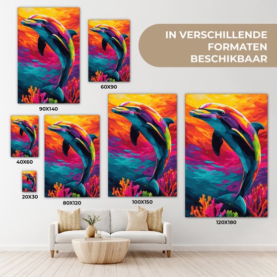 Tableau sur toile 80x120 cm - Décoration murale Dauphin - Coloré - Océan - Corail - Décoration murale salon - Décoration chambre - Accessoires chambre - Peintures sur toile