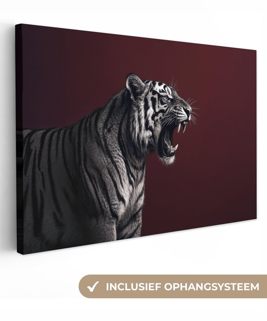 Canvas met een brullende tijger in zwart-wit, tegen een bordeauxrode achtergrond. Inclusief ophangsysteem.
