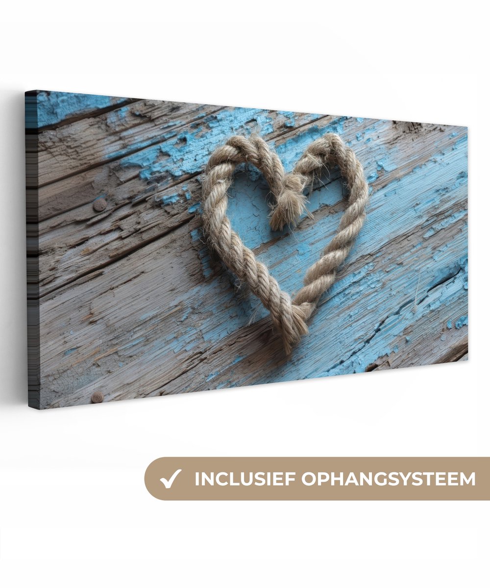 Canvas schilderij 40x20 cm - Exclusieve wanddecoratie Hart - Touw - Hout - Rustiek - Muurd