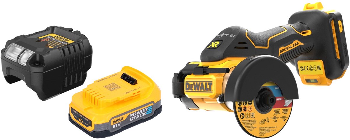 DeWalt DCS 438 E1 accu-multimateriaalzaag 18 V 76 mm borstelloos + 1x Powerstack-accu 1,7 Ah + oplader