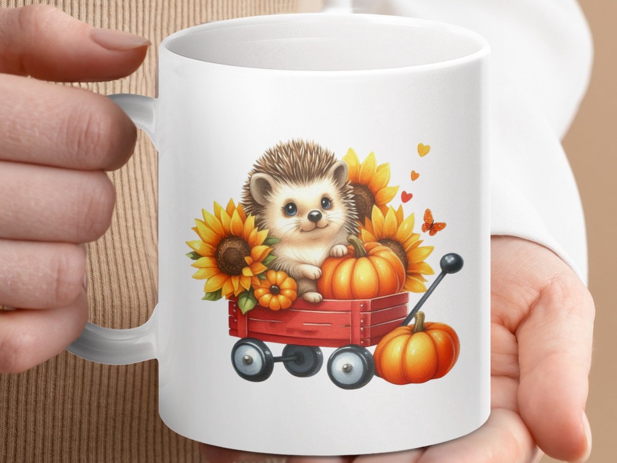 Mok Egel op Mug, Herfst thema, Zonnebloem, Pompoen, Schattige dieren mok, Feestdagen mok, Seizoensmok, Cadeau idee, Herfst decor mok