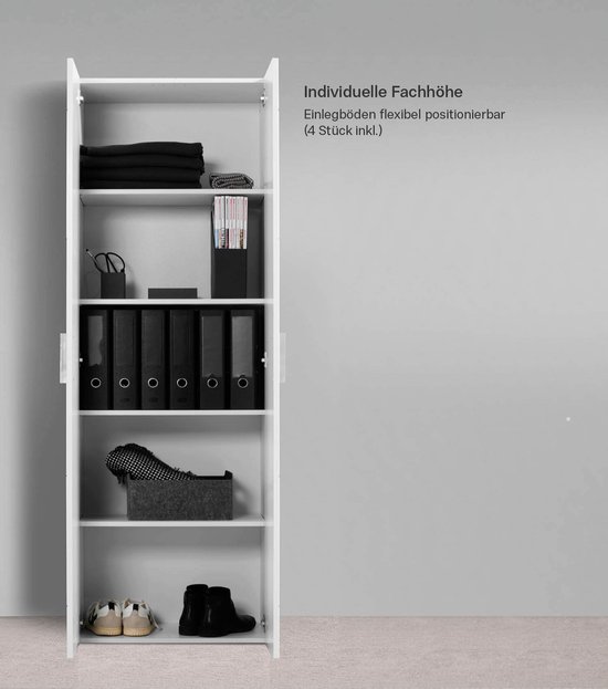 Witte archiefkast met twee deuren. Interieur met zes planken, waarop mappen, kleding en schoenen staan.
