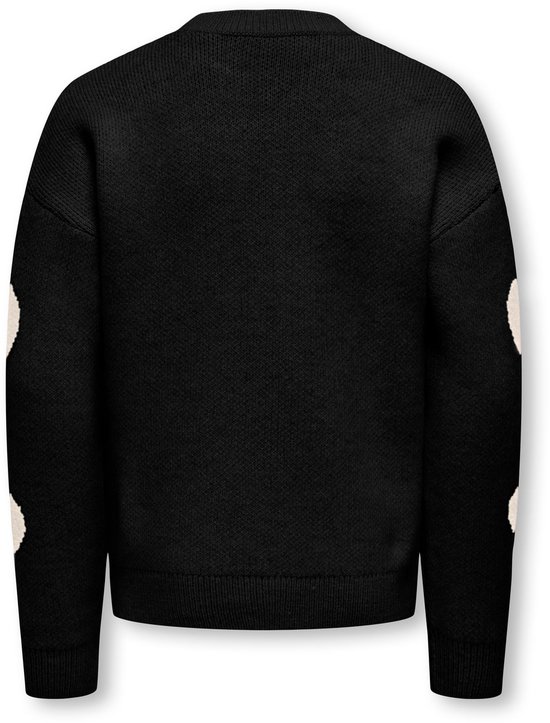 Dos d'un pull tricot noir avec des cœurs crème sur les manches.