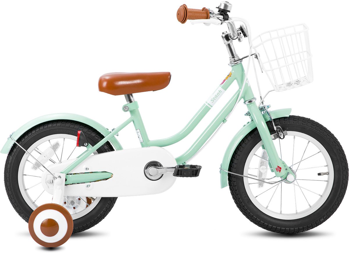 JOYSTAR Stitch Bubble Kinderfiets voor en 16 Inch d Zijwieltjes Bel Handrem Groen