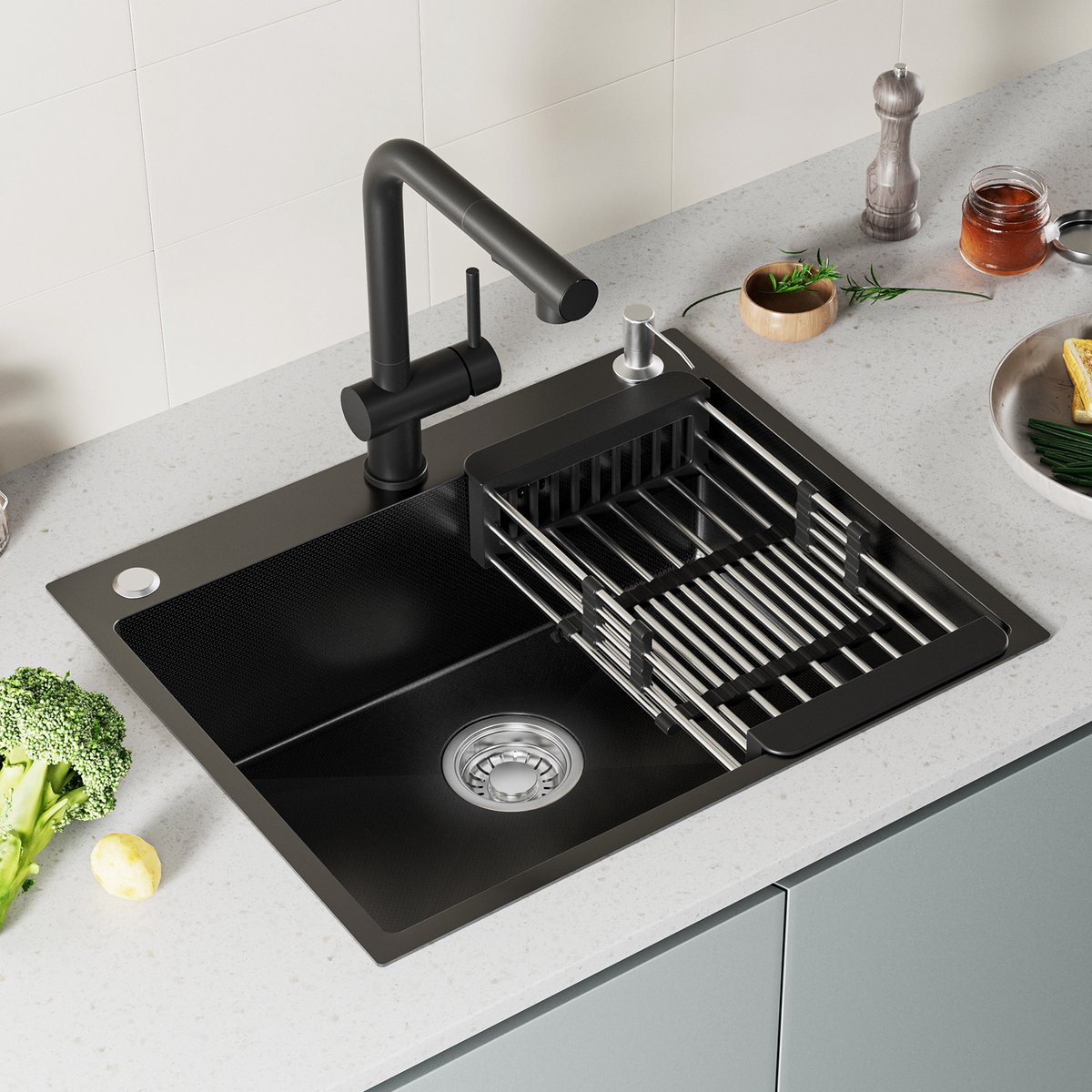 CECIPA max Spoelbak Antraciet 60x49CM - Spoelbakken Met Kraangat - Spoelbak Met Zeepdispenser - Verstelbaar Afdruiprek - Incl. Sifon en Waterafvoersysteem