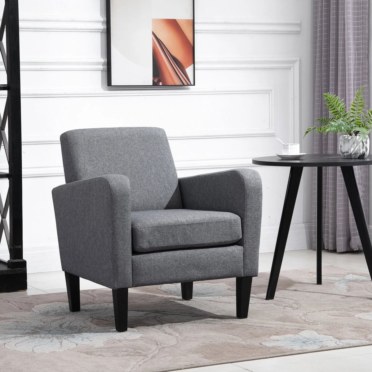 Pugsdrly Eenpersoonsfauteuil, relaxfauteuil, gestoffeerde fauteuil met houten poten, stof in linnenlook, 66 x 72 x 74 cm, lichtgrijs