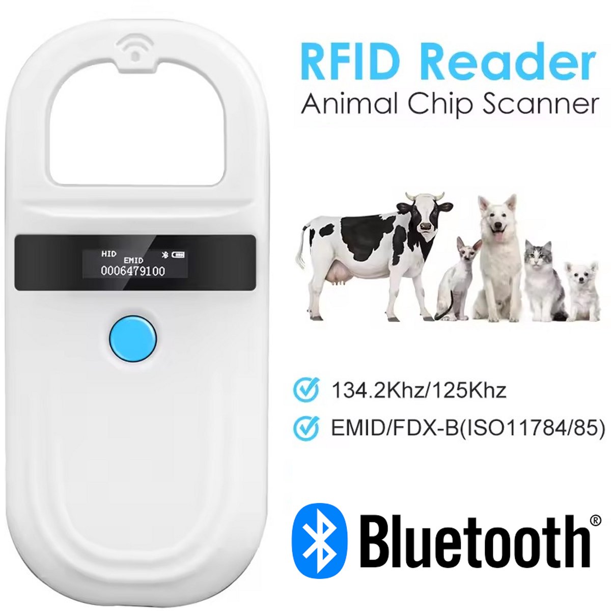Premium RFID Chipreader met Bluetooth – Huisdieren Chiplezer – USB Oplaadbaar – FDX-B & EMID – Geschikt voor Katten, Honden en Andere Dieren – wit