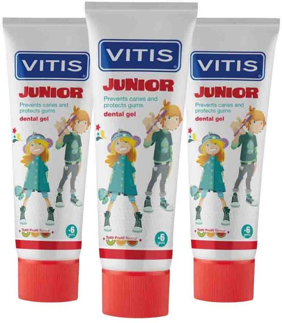 Drie tubes Vitis Junior tandpasta met rode dop. De tubes tonen een jongen en een meisje met tandenborstels.
