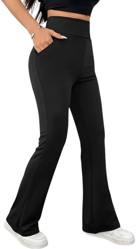 HORIZON Flared Broek met Zakken - Dames Legging - PETIT Pijplengte - Casual Flare Pants - Broek met Zakken - Stijlvol & Sportief - Rekbaar - Zachte stof - Zwart - Maat XL