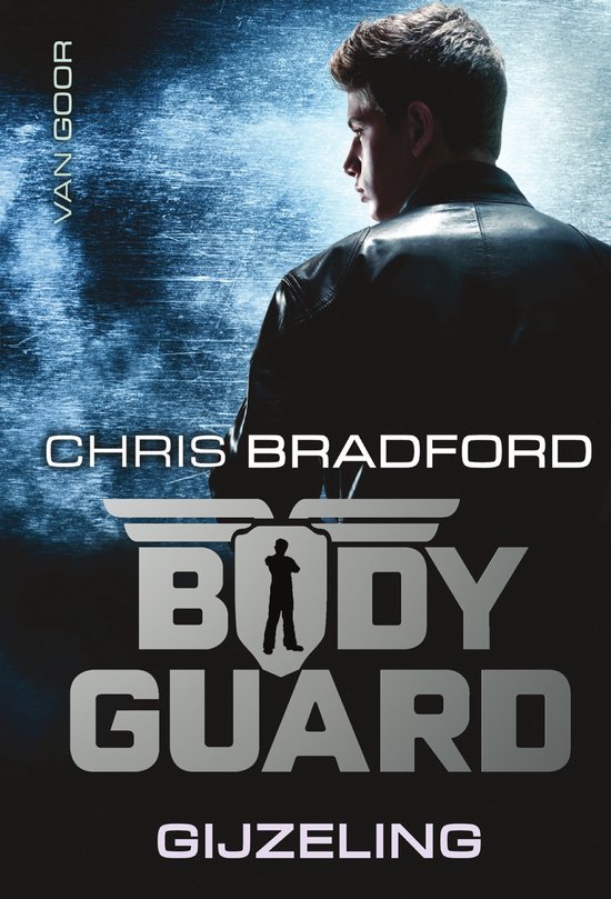 Boekomslag van 'Bodyguard Gijzeling' met een jonge man in leren jas, auteur Chris Bradford.