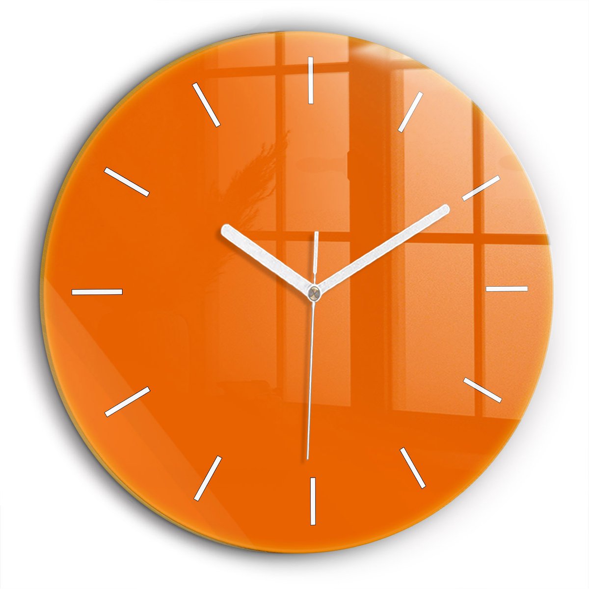Wallfluent Wandklok - Oranje Ronde Glas Klok - 60 cm x 60 cm - Oranje Wandklok - Witte Handen - Wandklok Zonder Cijfers - Wandklok Glas Woonkamer - Ronde Glazen Klok - Minimalistisch Wandklok - Ronde Glazen Wandklok