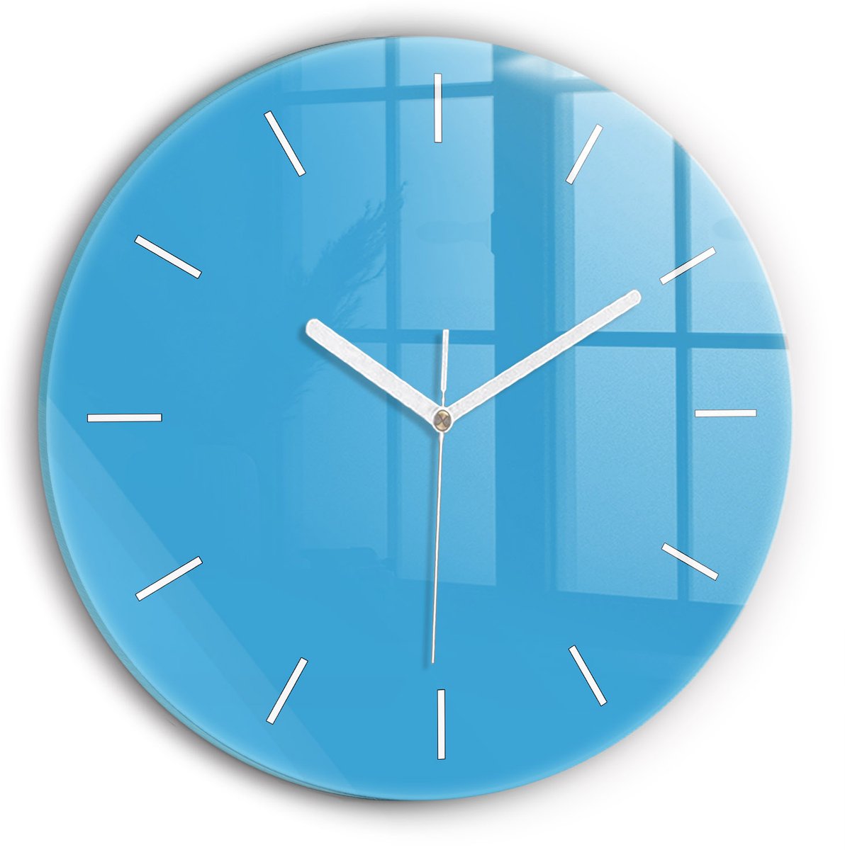 Wallfluent Wandklok - Blauw Ronde Glas Klok - 30 cm x 30 cm - Blauw Wandklok - Witte Handen - Wandklok Zonder Cijfers - Wandklok voor in de Keuken - Ronde Glazen Klok - Minimalistisch Wandklok - Ronde Glazen Wandklok