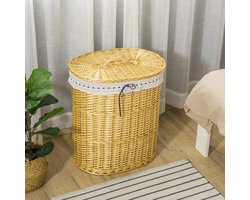 Pugsdrly Wassenmand van riet met deksel Wassenmand met handvat, uitneembare waszak, wasmanden Wassenbox voor badkamer, wasruimte, slaapkamer, naturel