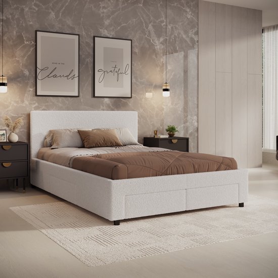 Meubella - Tweepersoonsbed Suente - Wit Teddystof - 140x200 cm