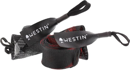 Twee zwarte Westin hengelhoesjes met rode accenten en een lus.