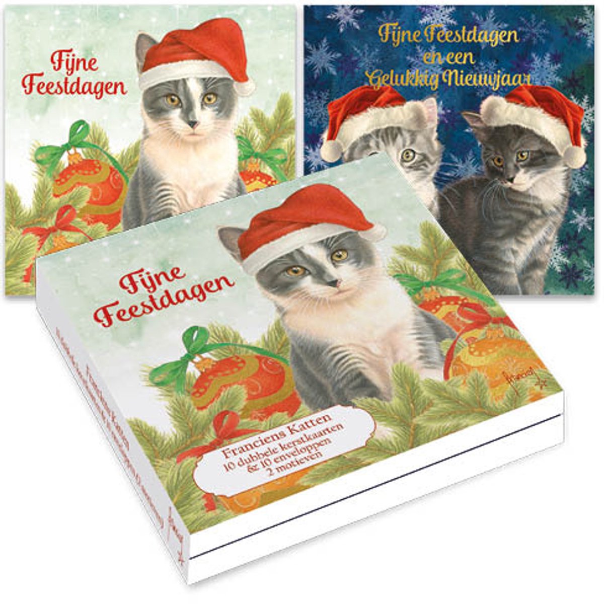 Franciens Katten kerstkaartenmapje - Kat met kerstmuts - Twee kittens IJskristallen