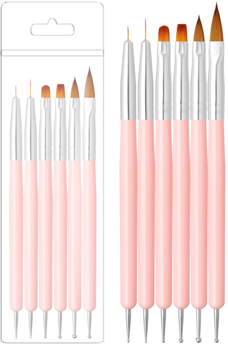 6-delige set nagelborstels met dubbele uiteinden - roze, professionele set voor nail art