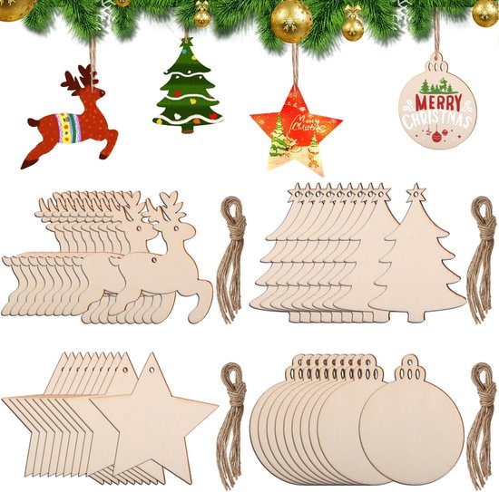Houten kersthangers: rendieren, kerstbomen, sterren en ballen, met jute touw.