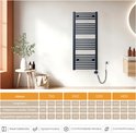 Donkergrijze handdoekradiator met maattabel: 750, 1000, 1200, 1400mm hoogte.