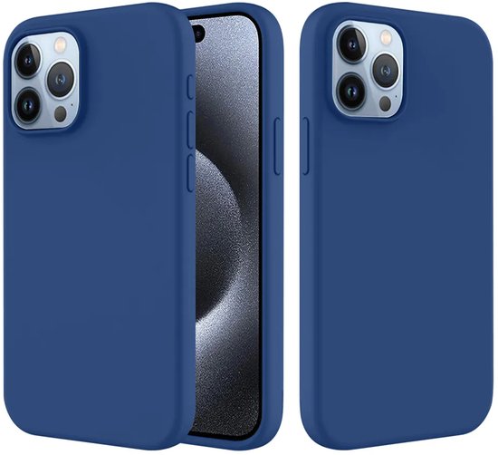 Twee donkerblauwe MobyDefend siliconen telefoonhoesjes voor de iPhone 15 Pro Max, één met de telefoon erin.