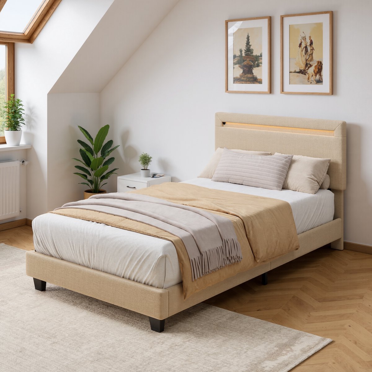 Xbro Gestoffeerd Bed 90 x 200 cm – met Bedhoofdbord LED-Verlichting – Eenpersoonsbed met Hoofdbord en Lattenbodem – Beige — cadeau in Cadeau-ideeën - foto 5