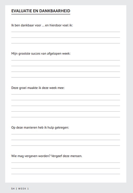Pagina met vragen over evaluatie en dankbaarheid, met ruimte voor antwoorden.