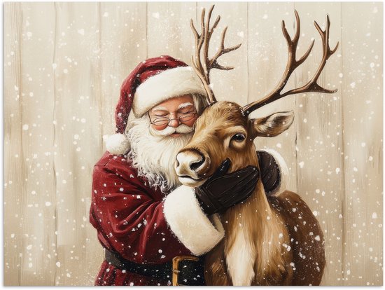 Poster 80x60 cm - Kerstman - Rendier - Sneeuw - Kleurrijk - Posters - Kamer decoratie - Wanddecoratie woonkamer - Muurdecoratie slaapkamer - Kerstversiering - Kerstdecoratie voor binnen - Kerstmis