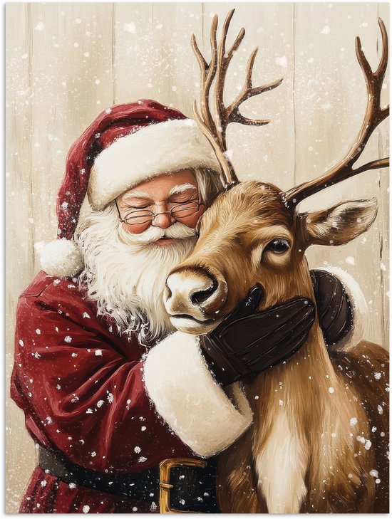 Poster 60x80 cm - Kerstman - Rendier - Sneeuw - Kleurrijk - Posters - Kamer decoratie - Wanddecoratie woonkamer - Muurdecoratie slaapkamer - Kerstversiering - Kerstdecoratie voor binnen - Kerstmis