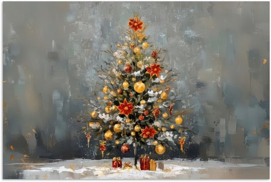 Poster 90x60 cm - Kerstboom - Cadeaus - Rood - Goud - Posters - Kamer decoratie - Wanddecoratie woonkamer - Muurdecoratie slaapkamer - Kerstversiering - Kerstdecoratie voor binnen - Kerstmis