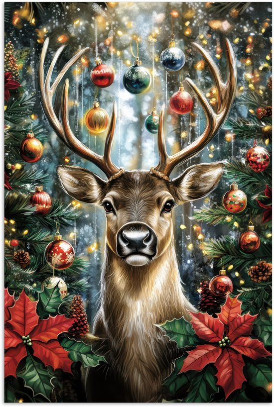 Poster 60x90 cm - Kerstfeest - Dennenbos - Rood - Posters - Kamer decoratie - Wanddecoratie woonkamer - Muurdecoratie slaapkamer - Kerstversiering - Kerstdecoratie voor binnen - Kerstmis