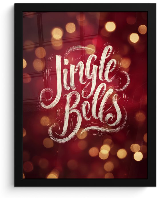 Poster in lijst - Fotolijst 30x40 cm - Posters - Jingle - Bells - Kerst - Rood - Posterlijst zwart - Decoratie - Wanddecoratie woonkamer - Muurdecoratie slaapkamer - Kerstversiering - Kerstdecoratie voor binnen - Kerstmis
