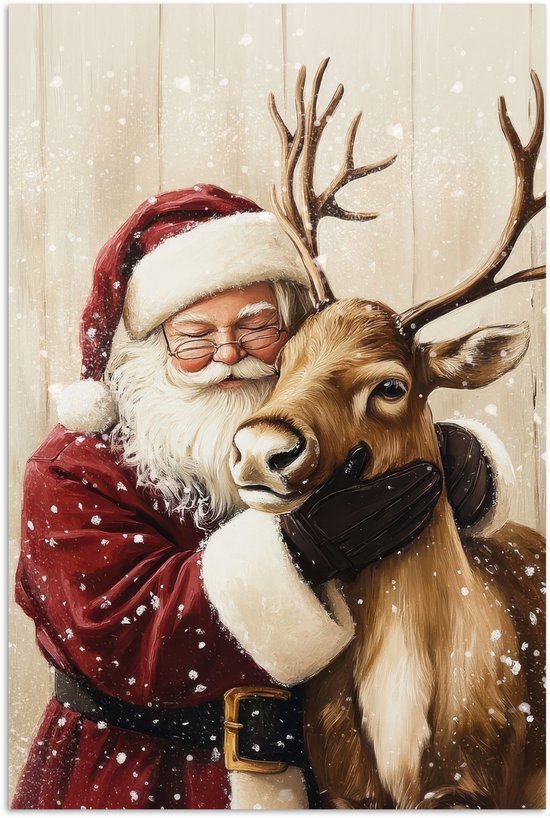 Poster 60x90 cm - Kerstman - Rendier - Sneeuw - Kleurrijk - Posters - Kamer decoratie - Wanddecoratie woonkamer - Muurdecoratie slaapkamer - Kerstversiering - Kerstdecoratie voor binnen - Kerstmis