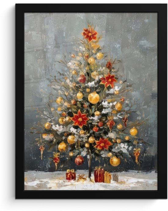 Poster in lijst - Fotolijst 30x40 cm - Posters - Kerstboom - Cadeaus - Rood - Goud - Posterlijst zwart - Decoratie - Wanddecoratie woonkamer - Muurdecoratie slaapkamer - Kerstversiering - Kerstdecoratie voor binnen - Kerstmis