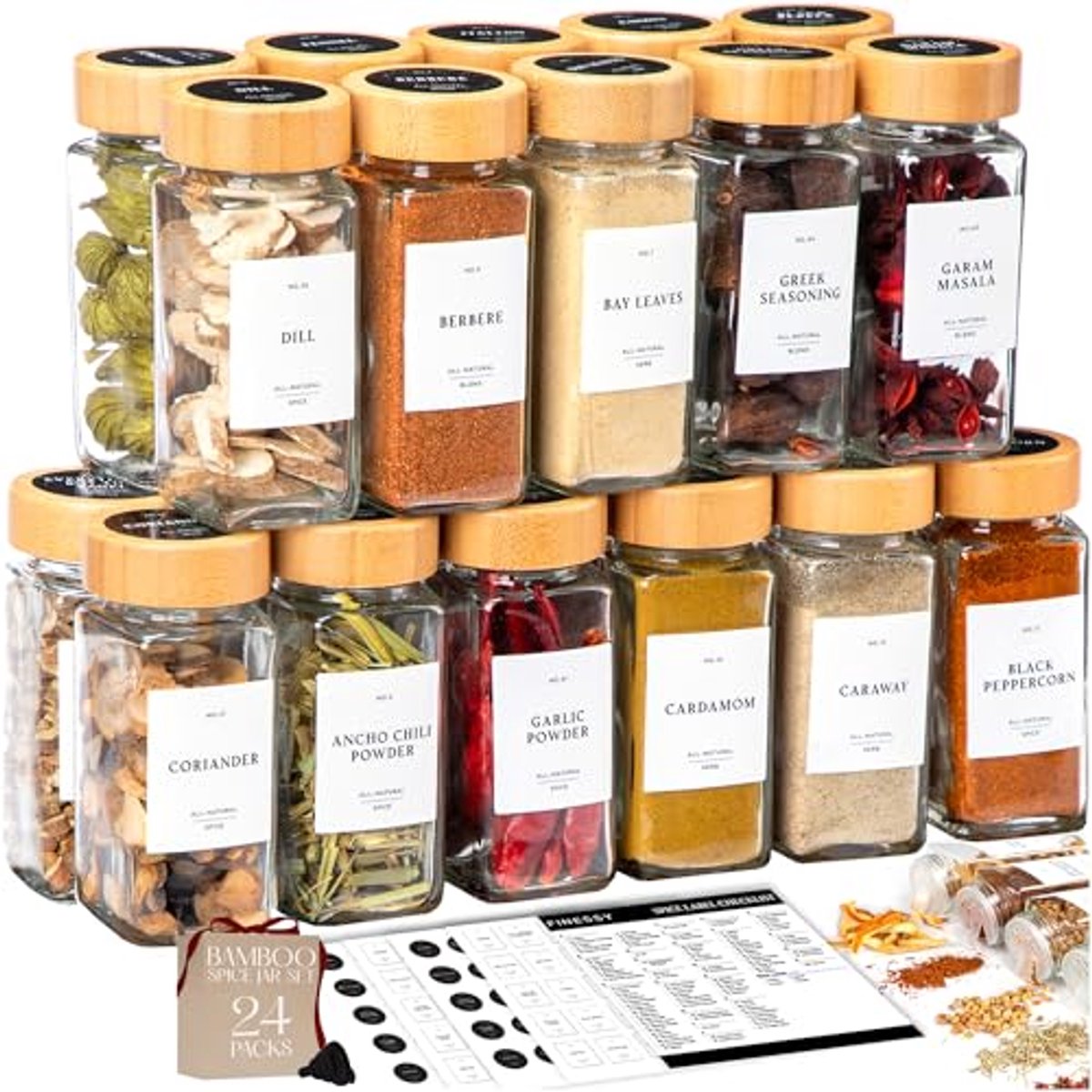 Bamboe glazen kruidenpotten set met etiketten en shakerdeksels - 24-pack 4 oz