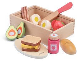 Woet® Houten Snijset Ontbijt in Opbergdoos - Speelset Ontbijt met Snijplank Brood, Kaas, Ei en Fruit - Educatief Speelgoedeten - Rollenspel Keukenspeelgoed - Vanaf 2 Jaar