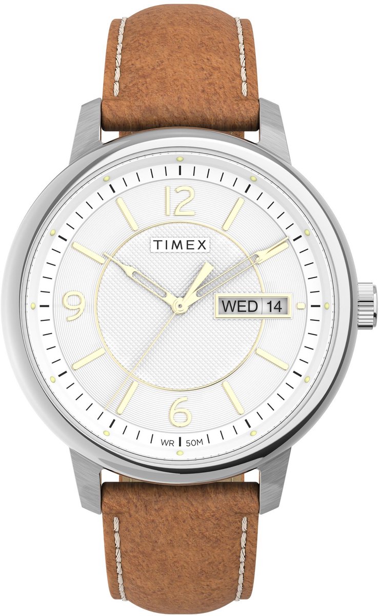 Timex Chicago Kwarts Analoog Horloge Lichtbruin Case: 100% Low Lead Brass| Bracelet: 100% Leather 45 mm TW2V28900AJ