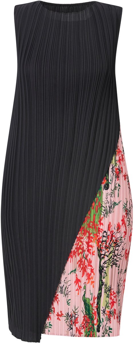 Ulla Popken Dames - Geplooide midi-jurk dubbellaags ronde hals mouwloos - Zwart - Maat 46+