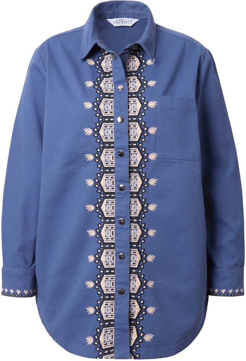 Studio Untold - Dames - Overhemd oversized knoopsluiting-borduursel - Jeans blauw - Maat 42+