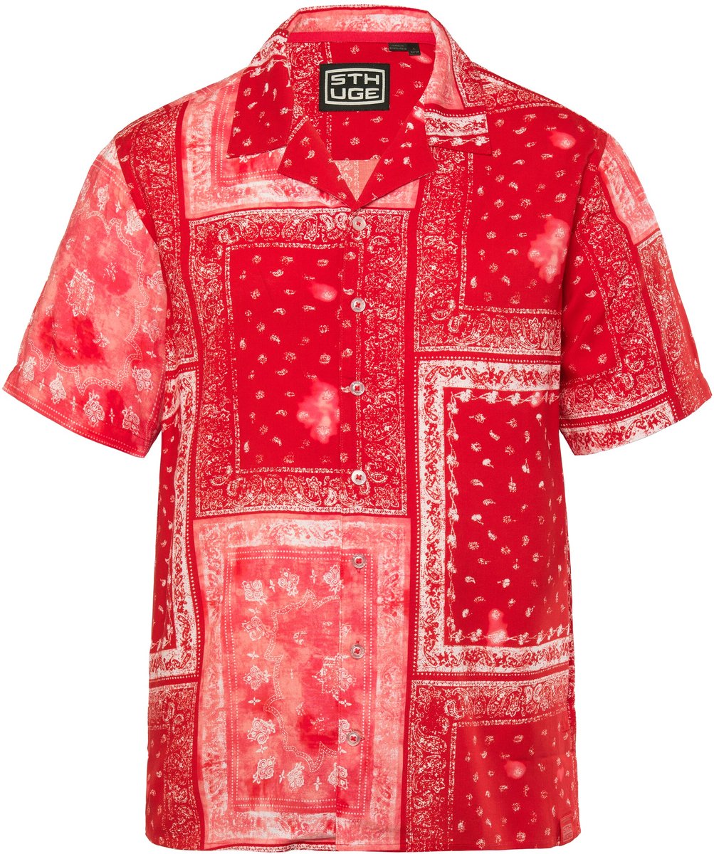 STHUGE - Heren - Overhemd halflange mouwen Cubaanse kraag all-overprint boxy fit - Chili rood - Maat 4XL