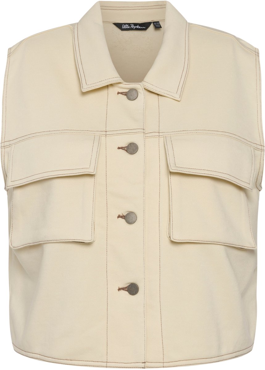 Ulla Popken - Dames - mouwloos sweatjack jeansnaden oversized overhemdkraag - Ivoor - Maat 54+